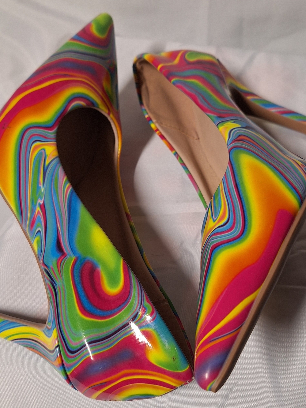 Rainbow swirl stiletto pumps,